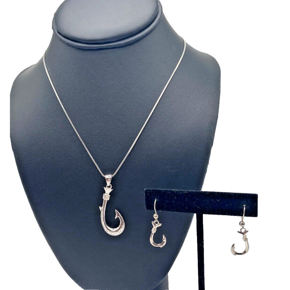 Hawaiian Fish Hook Pendant Necklace Earring Set Rhodium Etched Aloha Beach Surf - Picture 3 of 9